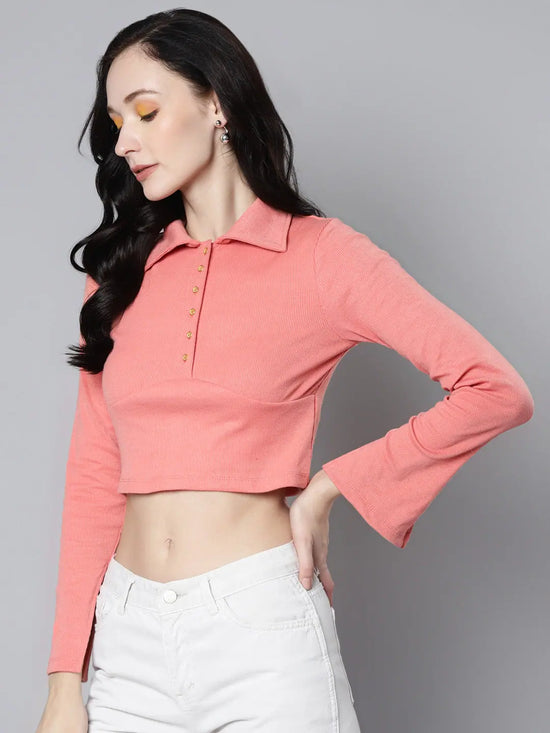 Women Peach Rib Full Sleeves Polo Neck Crop T-Shirt