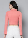 Women Peach Rib Full Sleeves Polo Neck Crop T-Shirt