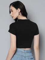 Women Black Rib Moon Cut Out Crop Top