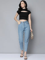 Women Black Rib Moon Cut Out Crop Top