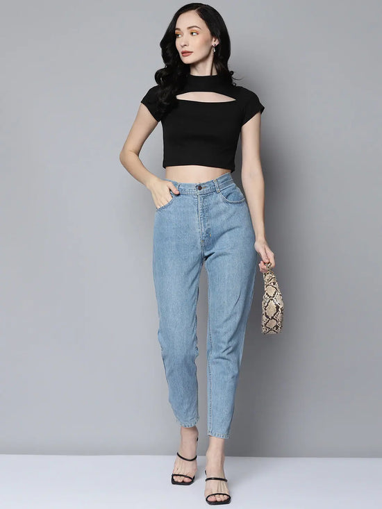 Women Black Rib Moon Cut Out Crop Top