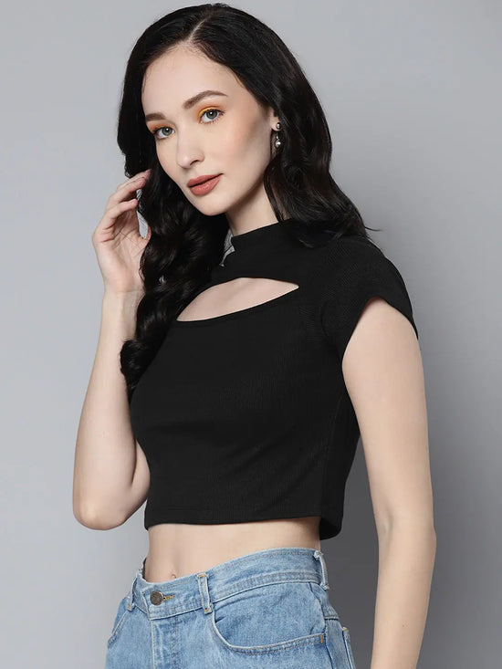 Women Black Rib Moon Cut Out Crop Top