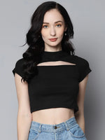 Women Black Rib Moon Cut Out Crop Top