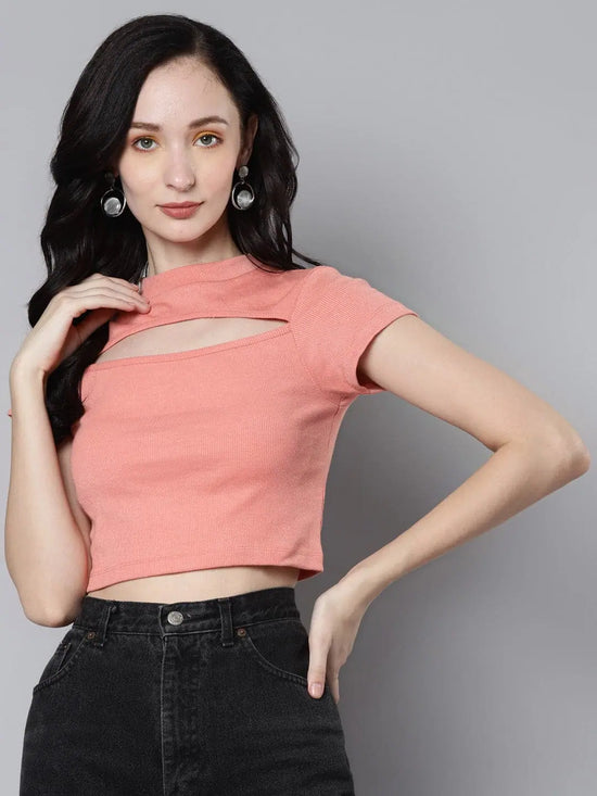 Women Peach Rib Moon Cut Out Crop Top