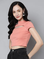 Women Peach Rib Moon Cut Out Crop Top