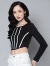 Women Black Rib Long Sleeves Square Neck Crop Top