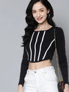 Women Black Rib Long Sleeves Square Neck Crop Top