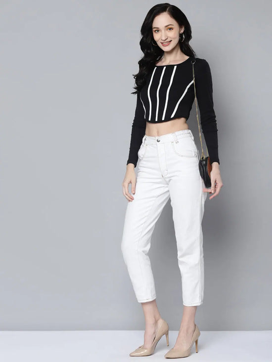 Women Black Rib Long Sleeves Square Neck Crop Top