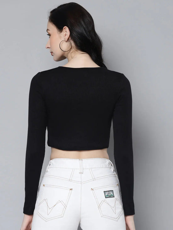 Women Black Rib Long Sleeves Square Neck Crop Top