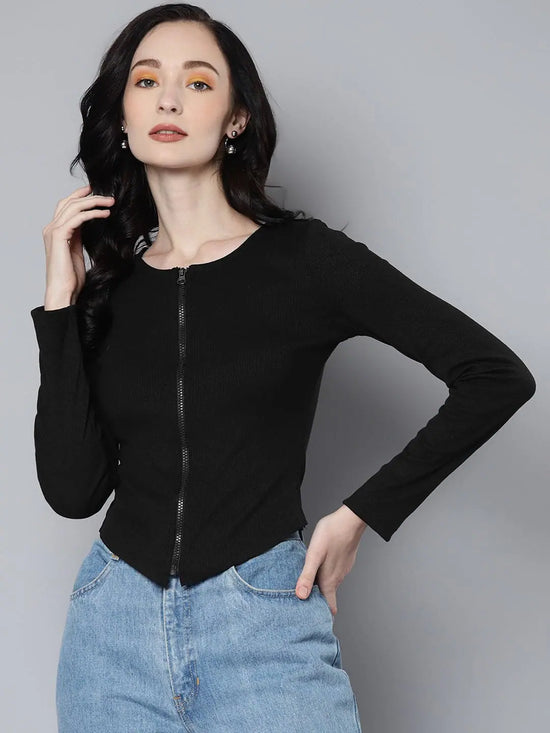 Women Black Rib Long Sleeve Front Zip Top