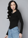 Women Black Rib Long Sleeve Front Zip Top