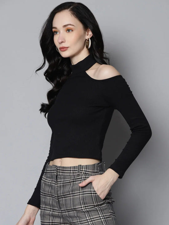 Women Black Rib High Neck Cold Shoulder Top