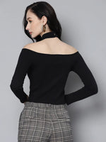 Women Black Rib High Neck Cold Shoulder Top