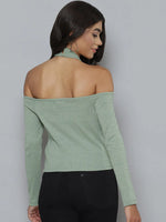 Women Olive Rib High Neck Cold Shoulder Top