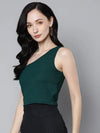 Women Emerald Green Rib One Shoulder Crop Top