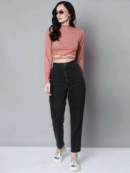 Women Baked Pink Rib Waist Tie Crop Top