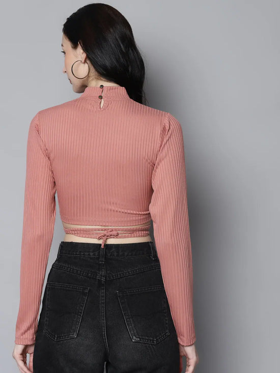 Women Baked Pink Rib Waist Tie Crop Top