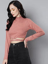 Women Baked Pink Rib Waist Tie Crop Top