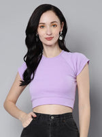 Women Lavender Rib Cap Sleeves ACTIVE Crop Top