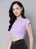 Women Lavender Rib Cap Sleeves ACTIVE Crop Top