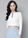 Women White Rib Zip Front Full Sleeves Crop Top