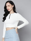 Women White Rib Zip Front Full Sleeves Crop Top