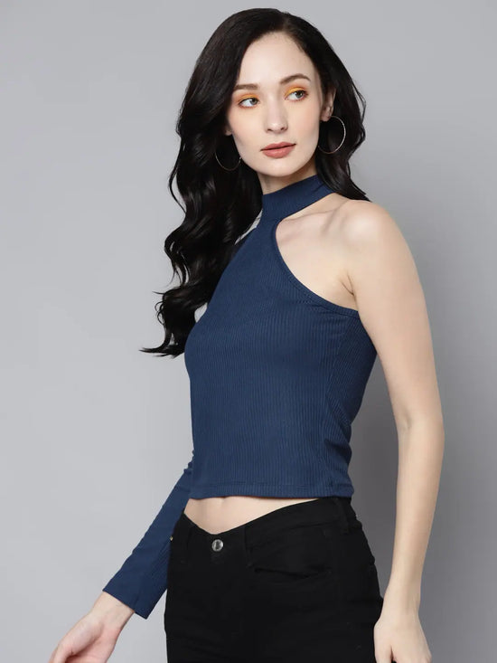 Women Blue Rib One Shoulder Collar Crop Top