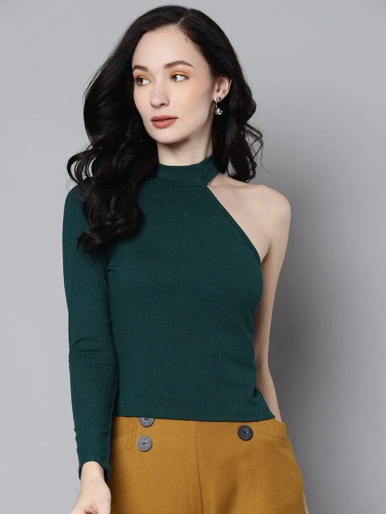 Women Emerald Green Rib One Shoulder Collar Crop Top