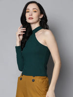 Women Emerald Green Rib One Shoulder Collar Crop Top