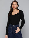 Women Black Rib Square Neck Full Sleeves Sweater