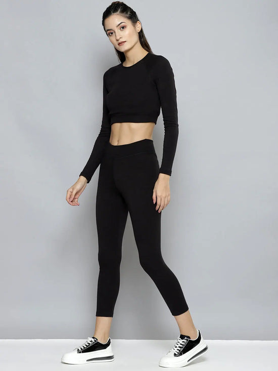 Women Black Rib ACTIVE Crop Top With Tights