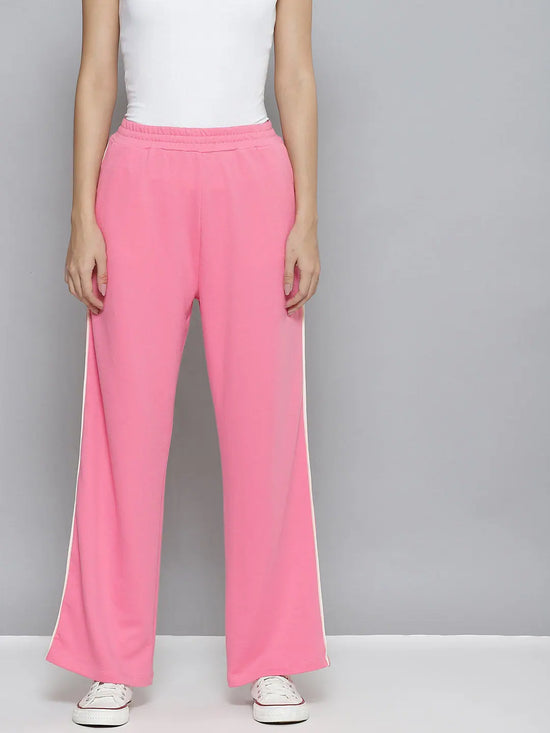 Women Pink Terry ACTIVE Contrast Piping Straight Pants