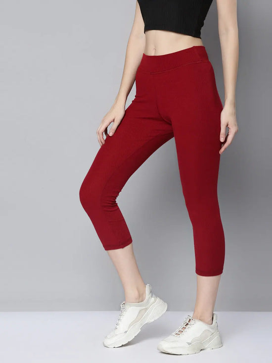 Women Maroon Rib Ankle Length ACTIVE Tights