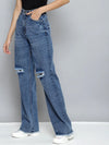 Women Ice Blue Wide Leg Distressed Slit Jeans