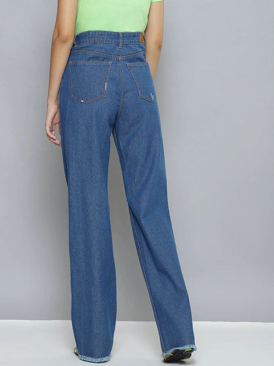 Women Blue Wide Leg Distressed Slit Jeans