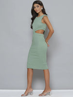 Women Olive Rib Side Cut Out Dress