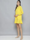 Women Yellow Pin Dot Frill Hem Dress