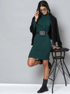 Women Emerald Rib High Neck Short Bodycon Dress