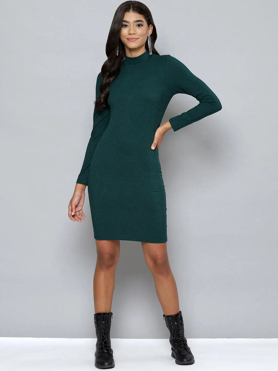 Women Emerald Rib High Neck Short Bodycon Dress