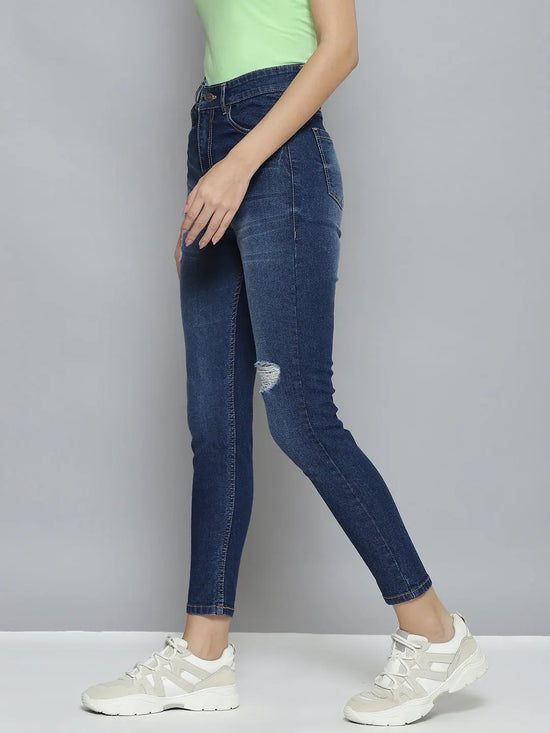 Women Blue Distressed Slit Jeans