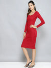 Women Red Rib Sweetheart Neck BodyCon Midi Dress