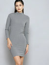 Women Grey Rib High Neck Short Bodycon Dress