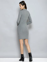 Women Grey Rib High Neck Short Bodycon Dress