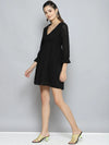 Women Black Schiffli Wrap Neck Short Dress