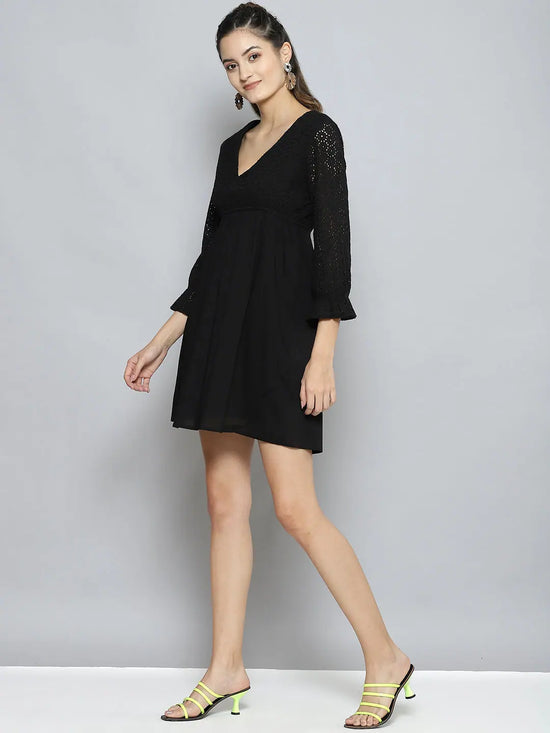 Women Black Schiffli Wrap Neck Short Dress