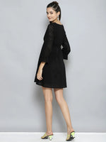 Women Black Schiffli Wrap Neck Short Dress