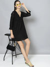 Women Black Schiffli Wrap Neck Short Dress