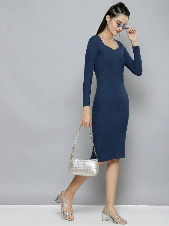 Women Blue Rib Sweetheart Neck BodyCon Midi Dress