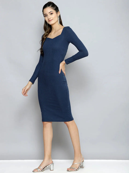 Women Blue Rib Sweetheart Neck BodyCon Midi Dress