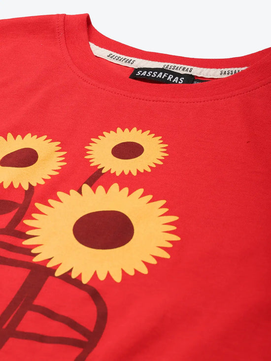 Women Red Flower Vase Boxy Crop T-Shirt